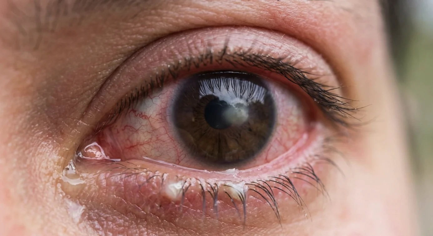 A close-up view of a human eye displaying a corneal ulcer, characterized by a white spot on the cornea and a red, inflamed sclera.