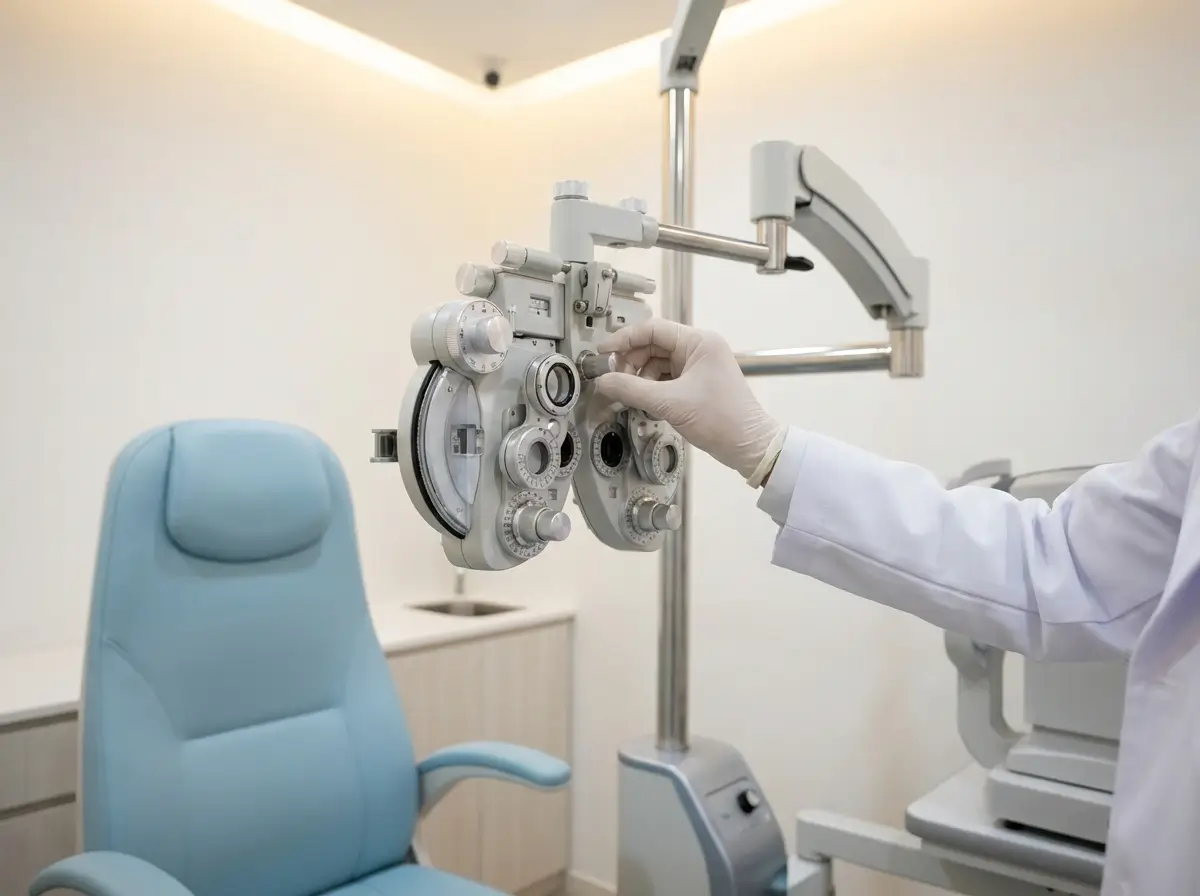 Eye specialist adjusting a phoropter during a consultation for thyroid eye disease.