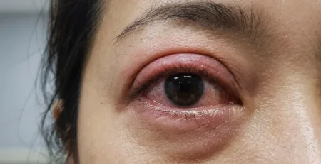 Close-up of an inflamed eye displaying symptoms of thyroid eye disease.