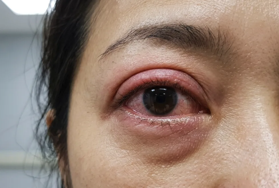 Close-up of an inflamed eye displaying symptoms of thyroid eye disease.