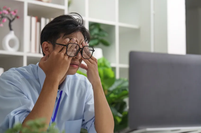 Office worker in glasses rubbing his tired eyes in front of a laptop, suffering from digital eye strain in Singapore.