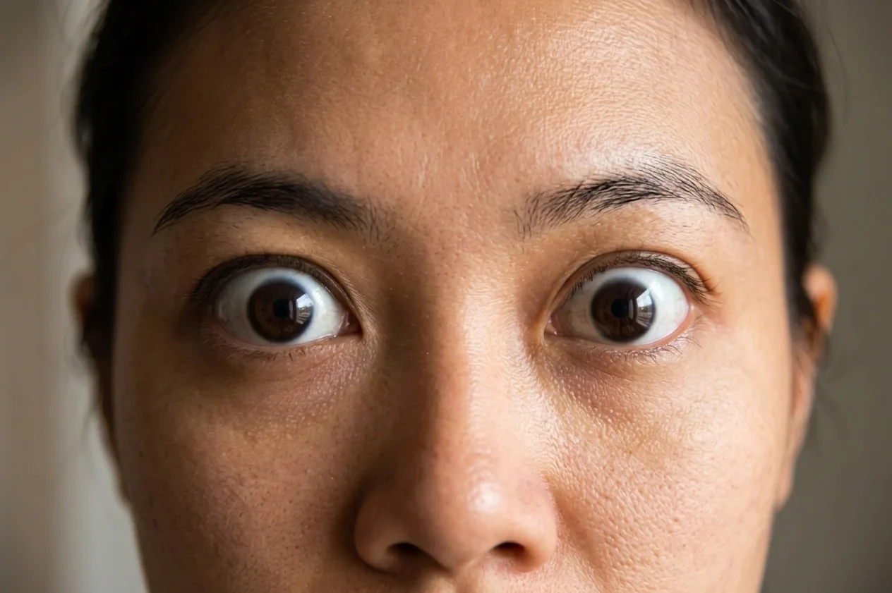 Front-facing close-up of an Asian woman displaying bilateral proptosis in Singapore.