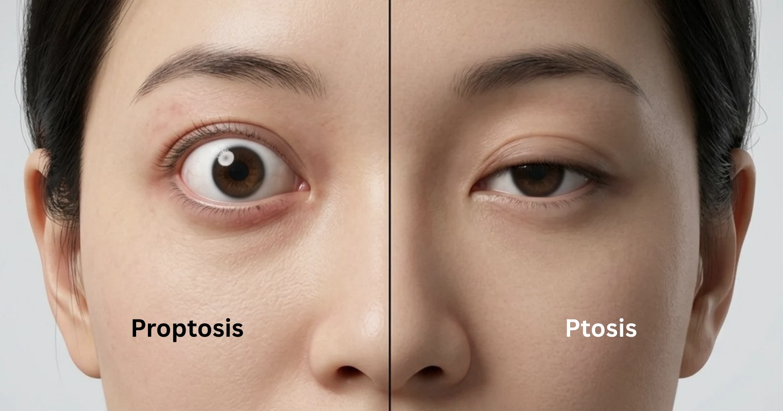 Comparison image demonstrating the difference between proptosis and ptosis in Singapore eye condition diagnoses.