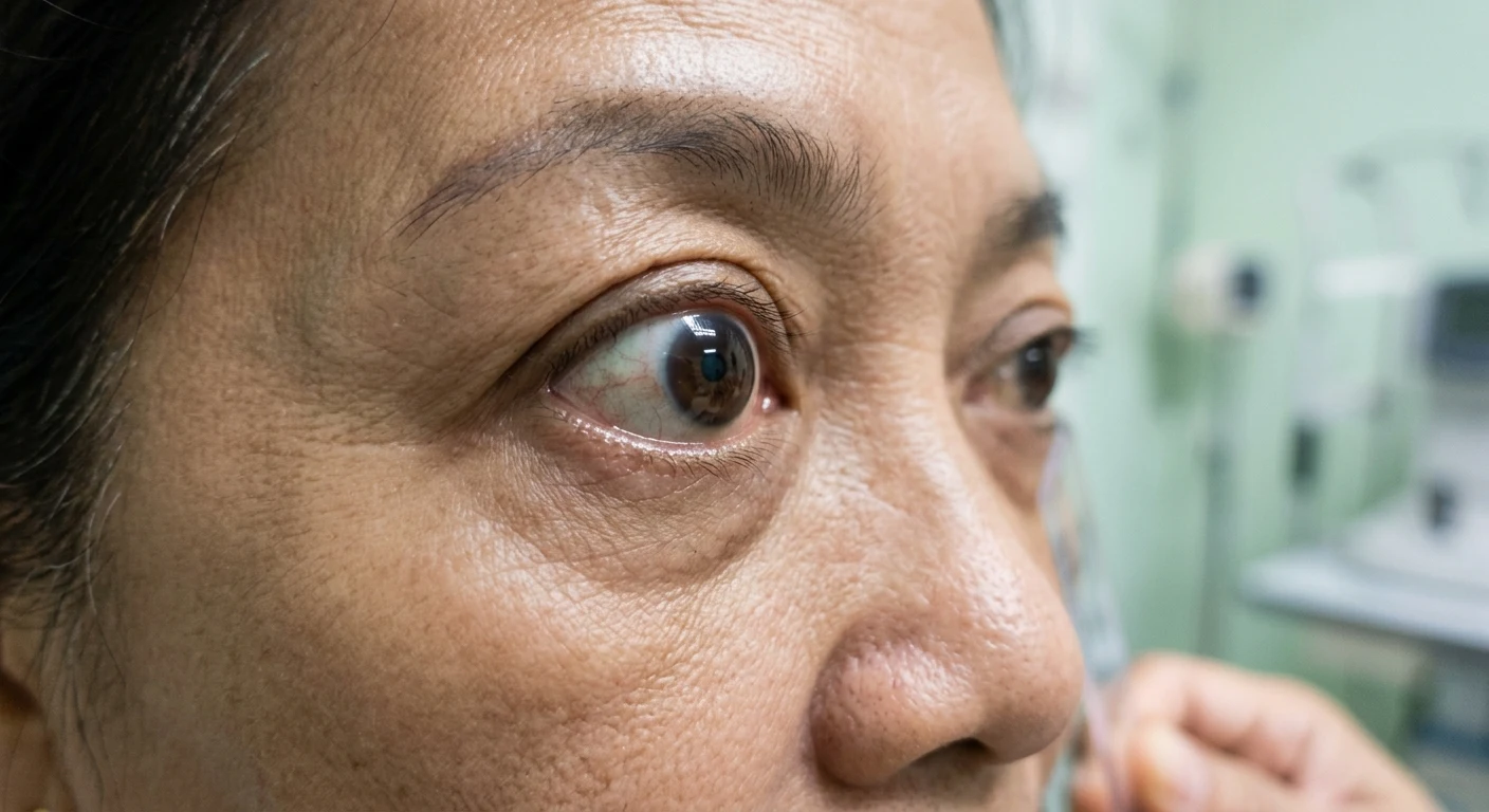 Close-up profile view of a patient's protruding eye during an eye examination to evaluate proptosis vs exophthalmos.