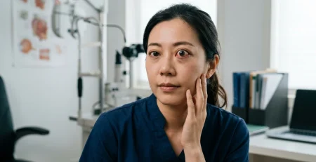 Woman touching her face while presenting with noticeable eye bulging and redness, highlighting symptoms of proptosis vs exophthalmos.