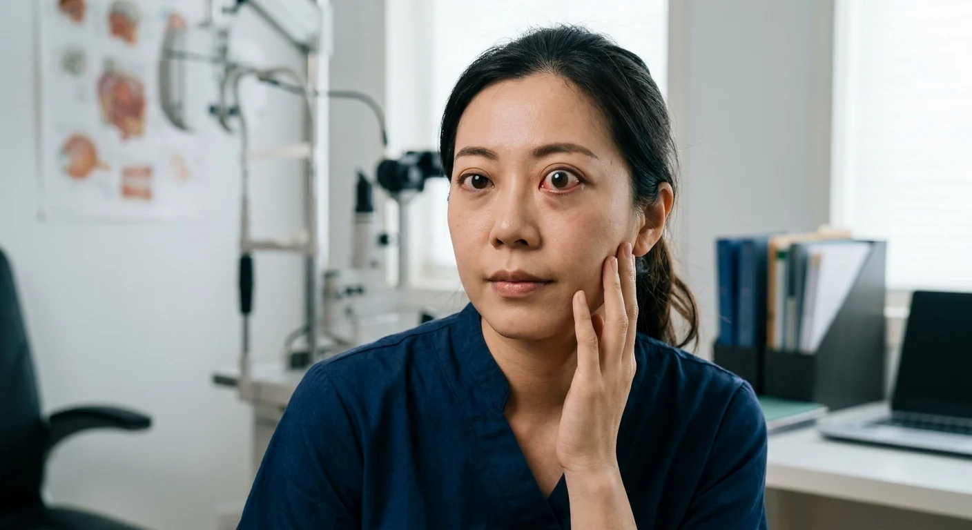 Woman touching her face while presenting with noticeable eye bulging and redness, highlighting symptoms of proptosis vs exophthalmos.